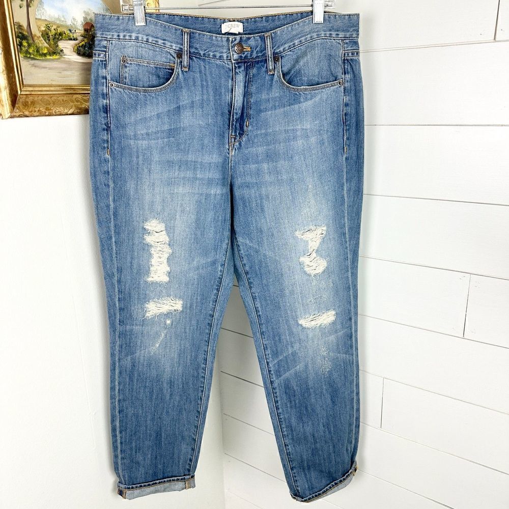 J. Crew Straight Leg Cuffed Jeans Size 30 NWT Distressed Medium Wash